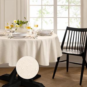 Elrene Home Fashions Continental Solid Texture Water, Stain & Wrinkle Resistant Tablecloth, 60"X84" Oval, Ivory