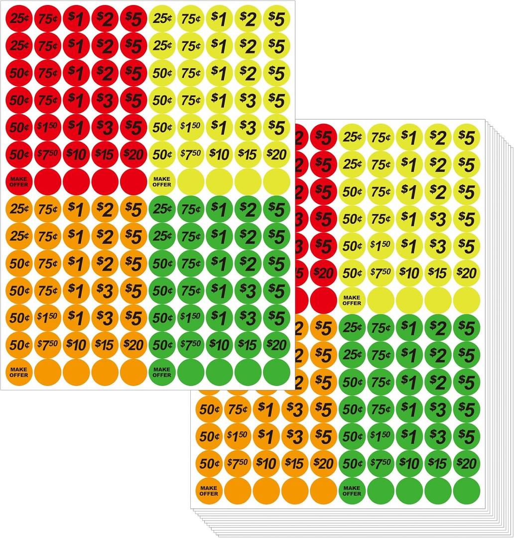 Dreecy 3500 Pcs Yard Sale Stickers Garage Sale Price Stickers Flea Market Pre-Priced Price Tag Labels Stickers in Bright Neon Colors,Yellow Red Green Orange, 3/4" in Diameter