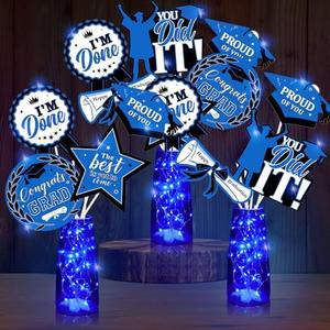 Skyygemm 36 Set Graduation Party Decorations Table Centerpiece Sticks with LED String Lights Congrats Grad Class of 2025 Table Toppers for 2025 Graduation Party Supplies (Blue, Black)