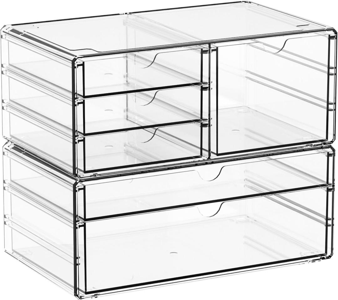 Yieach 2 Pack Acrylic Drawer Organizer With 6 Drawers,Stackable 11.1 Large Clear Storage Drawers and Makeup Organizer For Vanity,Bathroom Countertop,Cabinet,Pantry,Office Supply Storage Bins Drawers