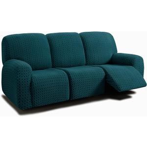 ULTICOR 8-Pieces Recliner Sofa Covers, Jacquared Stretch Couch Covers for 3 Cushion Reclining Sofa Slipcovers Thick Soft Washable (Style 2) (Deep Teal, 3 Seater Recliner Cover)