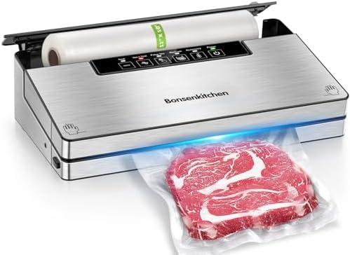 Bonsenkitchen Vacuum Sealer Machine, Powerful Stainless Steel Food Sealer with 5 Modes, Built-in Cutter & Bag Storage, Globefish Technology for High-Speed Continuous Working, Include 1 Bag Roll