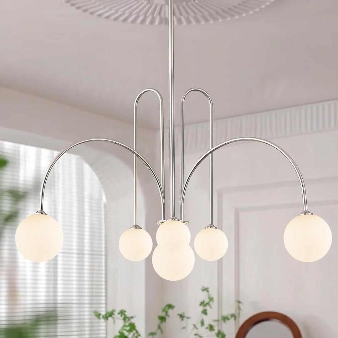 Brushed Nickel Sputnik Chandelier,Modern 6 Lights Chandelier Large L40Mid Century Long Ceiling Pendant Light Fixtures for Dining Room with Milk Glass Globe Shades for High Ceiling Foyer Living Room