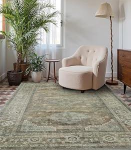 BEIMO Area Rugs 5x7 for Living Room Bedroom, Modern Boho Machine Washable Large Distressed Light Greyish Sage Green Rug, Low Pile Floor Carpet with Non Slip Backing for Dining Room