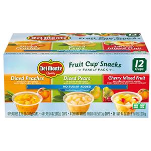 Del Monte Fruit Cup Snacks Variety Pack with No Added Sugar, 4 oz Cups (12 Pack) Diced Peaches, Diced Pears, Cherry Mixed Fruit (15.4 x 10 x 21.9 cm), BB Date: 04/17/2026
