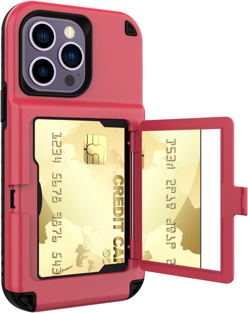 Omorro Compatible with iPhone 14 Pro Max Case Mirror Case with Card Holder, Cute Luxury Fashion Makeup Mirror Back Cover Wallet Case Soft Silicone Rubber Bumper Slim Ultra Thin Protection Phone Case (Black)