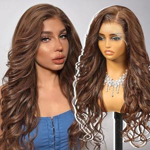 KOME Brown Highlight Synthetic Lace Front Wig,13×6 Long Curly Glueless Wigs for Women Daily Use 24IN (4/30/34)