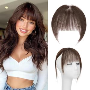 Benehair Clip on Bangs for Women Human Hair, Fake Bangs Human hair, French Bangs Clip in Hair Extensions Hair Pieces with Temples for Daily Wear (Dark Brown)