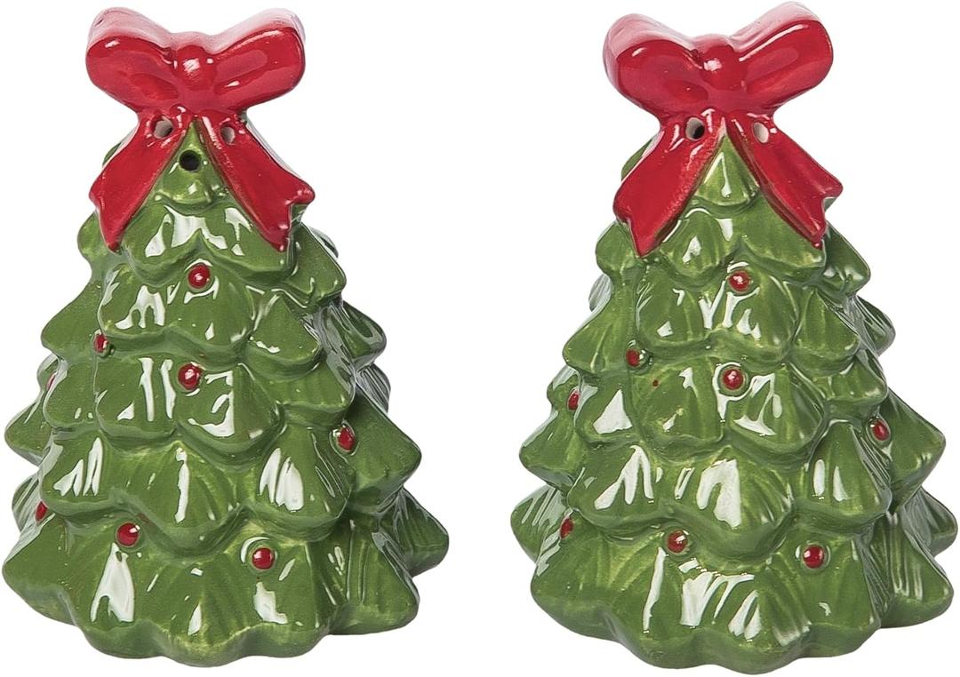 Christmas Tree Salt and Pepper Shaker Set, Ceramic, 3 Inches High, Green with Red Bow, Holiday Table Decor