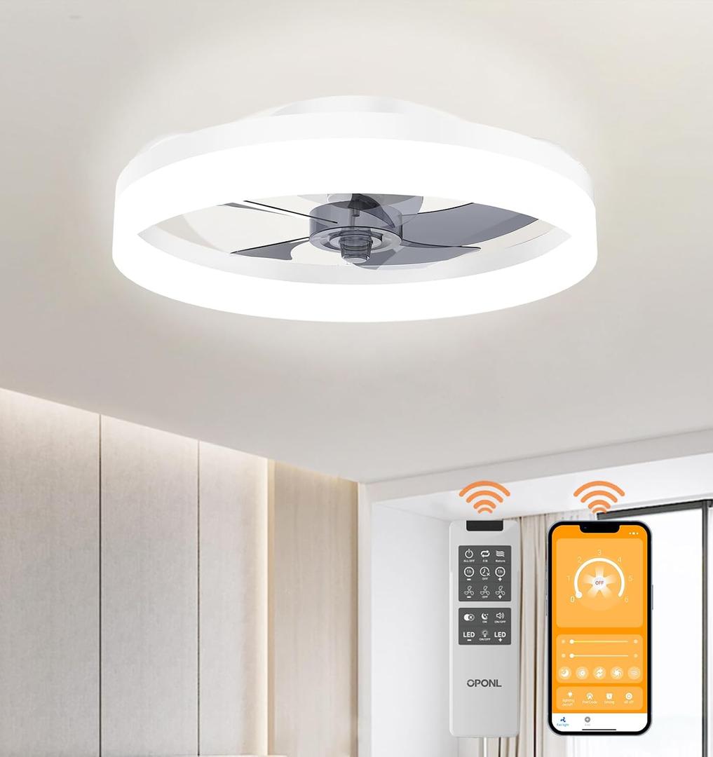 OPONL 19.7" White Ceiling Fan with Light and Remote, Dimmable, 3000k-6000k 6CCT, 6 Winds Speeds, Flush Mount, Low Profile, Bladeless Ceiling Fan for Bedroom, 19.7in-Flush Mount