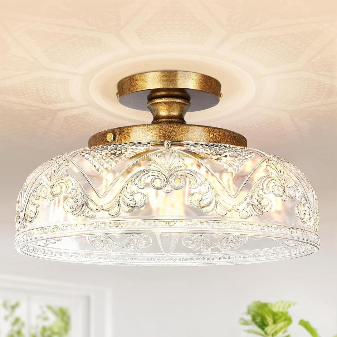 Semi Flush Mount Ceiling Light, 12 Inch Large Copper Ceiling Light Fixture, 3-Light Globe Glass Farmhouse Kitchen Lighting Fixtures for Bathroom, Hallway, Dining Room (Bulb Not Included)