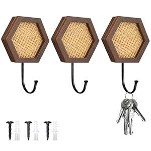 Fiwochic 3 Pcs Rustic Rattan Coat Hooks, Decorative Wall Mounted Wood Frame Wall Hook, Boho Farmhouse Hexagon Coat Rack Metal Holder Hanger for Entryway Bathroom Home Decor(Classic Style)