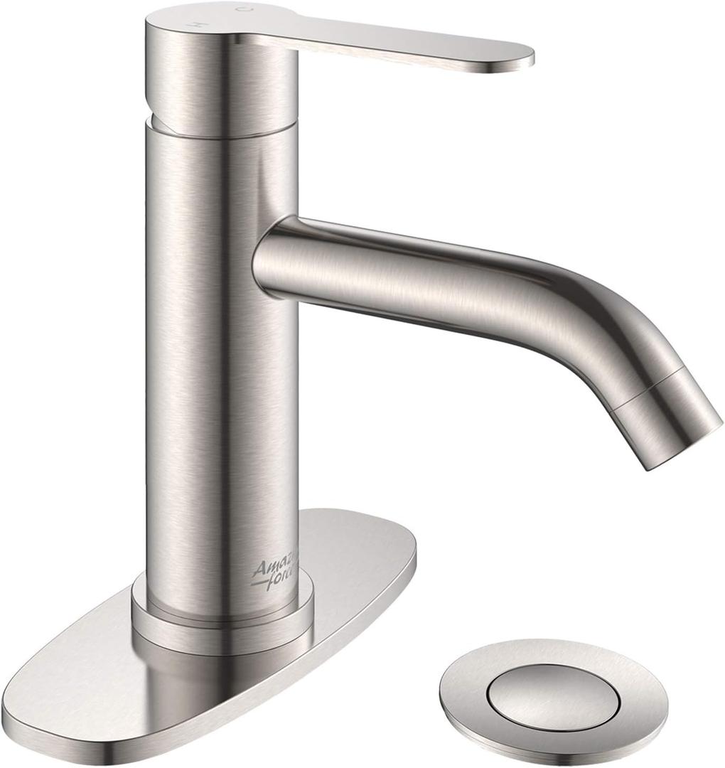 AMAZING FORCE Bathroom Faucet Brushed Nickel Bathroom Sink Faucet with Pop-up Sink Drain Assembly & Deck Plate Single Hole Bathroom Faucet Single Handle (Long Spout)