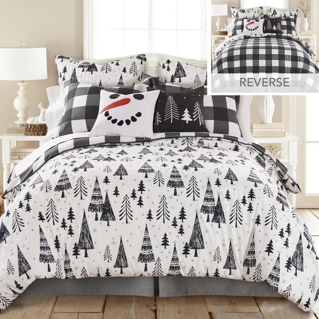Levtex Home Merry & Bright Collection - Northern Star Duvet Cover Set - Full/Queen Duvet Cover (90 x 94in.) + Two Standard Pillow Cases (26 x 20in.) - Holiday Pine Trees - Black and White - Microfiber