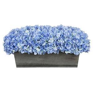 House of Silk Flowers Artificial Hydrangeas in Grey-Washed Wood Ledge (Blue)