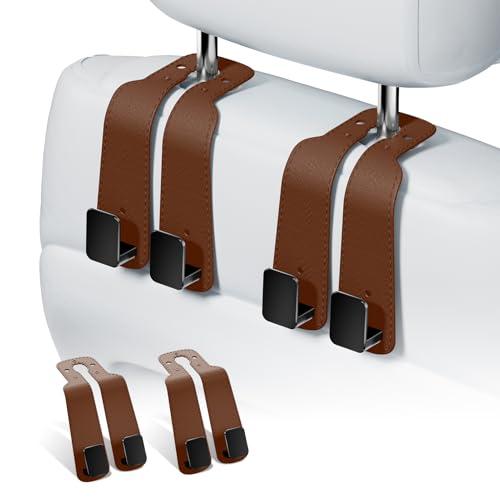 Geyrut Headrest Hooks For Car, Multifunctional Purse Hook Leather Seat Back Storage Hook Double Metal Hooks Car-Hangers for Seat(2 Pack, Brown)