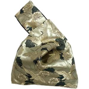 Vintage Japanese Yukata Kimono Crane Handbag Wristlet Bag - Small Coin Tote Handle Bag Knot Pouch for Women