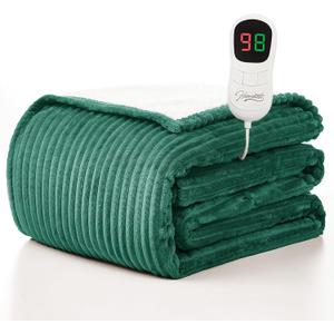Homemate Heated Blanket Electric Throw - 50"x60" Heating Blanket Throw 1/2/4/6/8 Hours Auto-Off 10 Heat Levels Over-Heat Protection Soft Flannel Sherpa ETL Certification (19 - Dark Green (Striped))