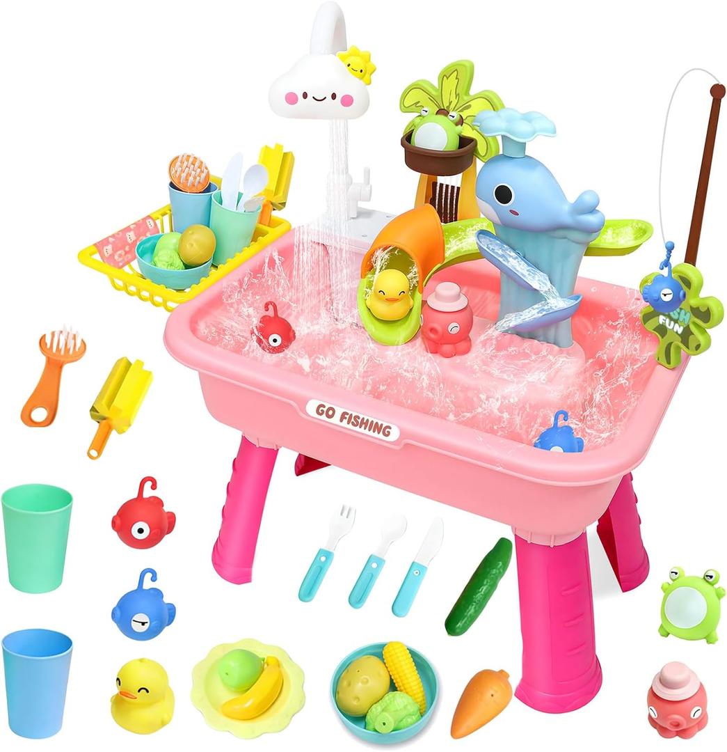 Water Table for Toddlers 1-3, Kids Play Sink for Toddlers with Pump, Whale Slide, Waterfall Shower & Pretend Kitchen Accessories, Summer Baby Water Toy for Outdoor Backyard Sensory Play (Pink)