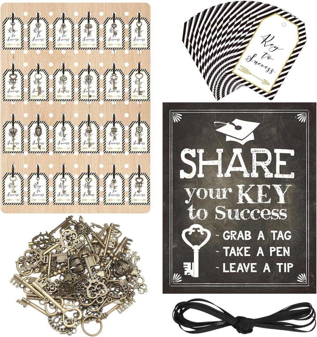 100 Set 2026 Graduation Party Favors Include 100 Keychains Bulk 100 Advice Cards 'Share Your Key to Success' Chalkboard Sign Antique Skeleton Key Gifts for Graduation Party