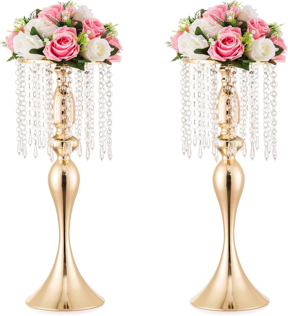 Gold Centerpieces for Table Wedding: 21.3in Crystal Flower Arrangement Stand, Gold Flower Vase, Wedding Centerpieces for Tablesfor Event, Reception, Birthday, Home Decor, 2 Pcs