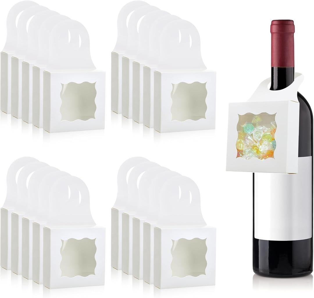 Megitzuu Bottle Hanging Gift Boxes, 40Pack Foldable Gift Treat Boxes with Window, Kraft Paper Favor Mini Charcuterie Boxes Hanger Candy Box for Party