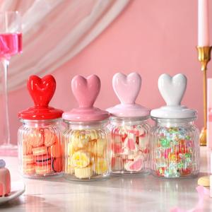 Qinyoung 4 Pcs 16 oz Valentine's Day Glass Candy Jars Clear Valentines Containers with Ceramic Heart Lid Cute Decorative Storage Jars for Cookie Chocolate Nut(Pink,Red,Light Pink,White,Classic Heart)