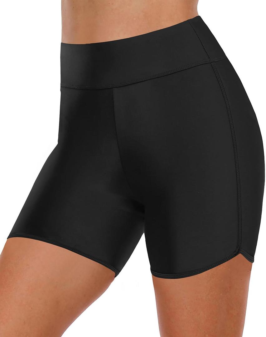 Yonique Womens Swim Shorts High Waisted Swim Bottoms Tummy Control Bathing Suit Bottom Boy Shorts (Large, Black)