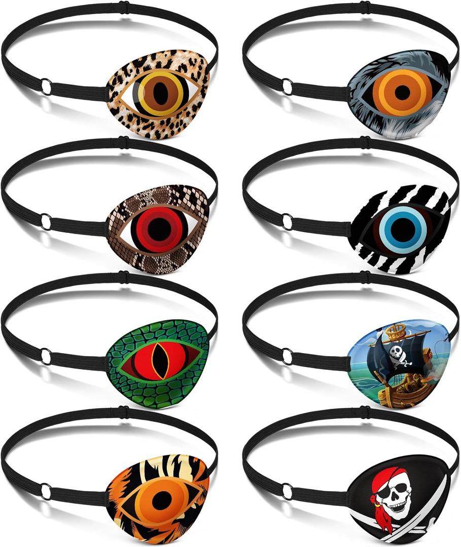 Eurzom 8 Pcs Eye Patches for Kids Adjustable Single Eyepatch Reusable Cute Girls Boys Patch with Elastic Strap for Left or Right Eye Patch, Various Patterns(Animal Style)