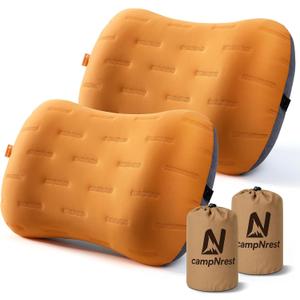 Inflatable Camping Pillow - Ultralight Compact Air Pillow for Travel, Backpacking & Hiking - Ergonomic Neck & Lumbar Support - Portable Inflatable Pillow with Removable Washable Cover -(Orange 2 Pack)