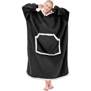 IFNOW Wearable Blanket Hoodie, Oversized Sherpa Fleece Hooded Sweatshirt with Eye Mask, Cozy and Giant Blanket Hoodie with Sleeves Extra Long for Adults Men Women, Black