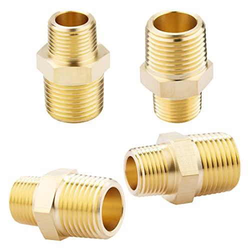 KOOTANS 1/2 NPT x 3/8 NPT Male Solid Brass Hex Nipples, Heavy Brass Pipe Adapter Fittings Reducing Nipple Connectors 4Pieces