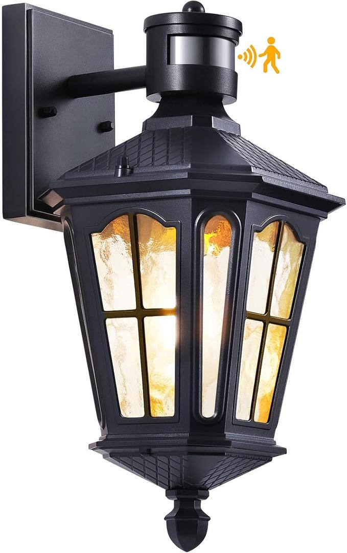 Outdoor Wall Light Fixture Porch Light with Motion and Dusk-to-Dawn Sensors, Waterproof Anti-Rust Aluminum Sconce with Tempered Water Ripple Glass, for House Garage Porch (Black)