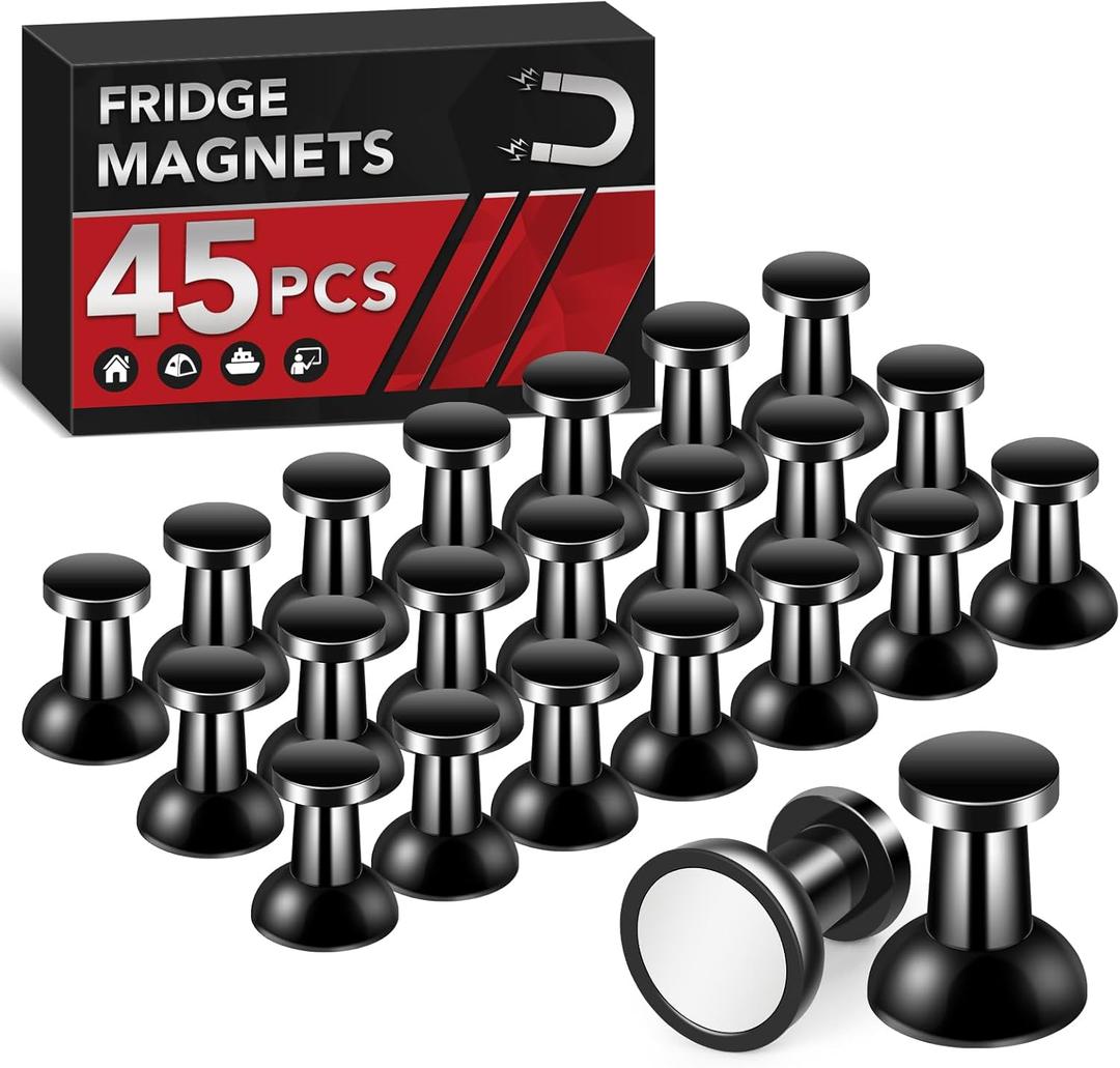 Refrigerator Magnets, 45 Pcs Cute Magnets for Whiteboard, Small Rare Earth Magnets for Office, Black Push Pins for Kitchen, Classroom, Locker, Home, Map