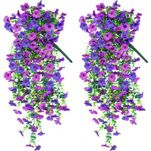 Artificial Hanging Flowers for Outdoors Decorations 2 Pack, Fake Hanging Flowers, UV Resistant Artificial Hanging Plants Outdoors for Home Porch Patio Balcony Baskets Yard(Double Purple)