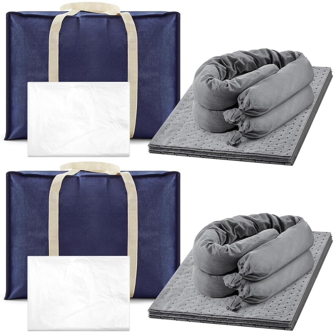 Maxdot 2 Pack 36 Pcs Universal Spill Kit Includes 20 Absorbent Pads, 4 Pcs 3" x 4' Sorbent Socks, 10 Disposal Bags for Absorbing Oils, Coolants, Solvents, Water for Trucks, Restaurants, Vehicles