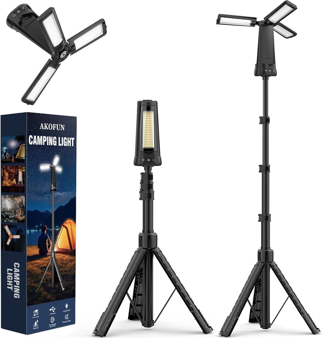15000 mAh Rechargeable Camping Light with Stand, Cordless Work Light with 3 LED Lamp Heads, 5500 Lumens Dimmable Camping Essentials Gear Emergency Flashlight with 86" Detachable Tripod, Black