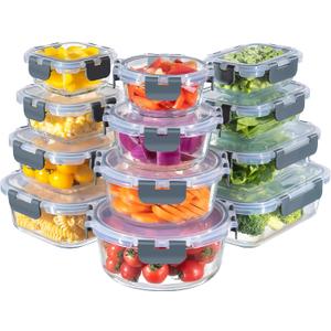 MFY 12-Pack Glass Storage Containers with Lids, Glass Meal Prep Containers Set, Airtight Lunch Containers with Lids, Microwave, Oven, Freezer and Dishwasher Safe, Gray (Grey)