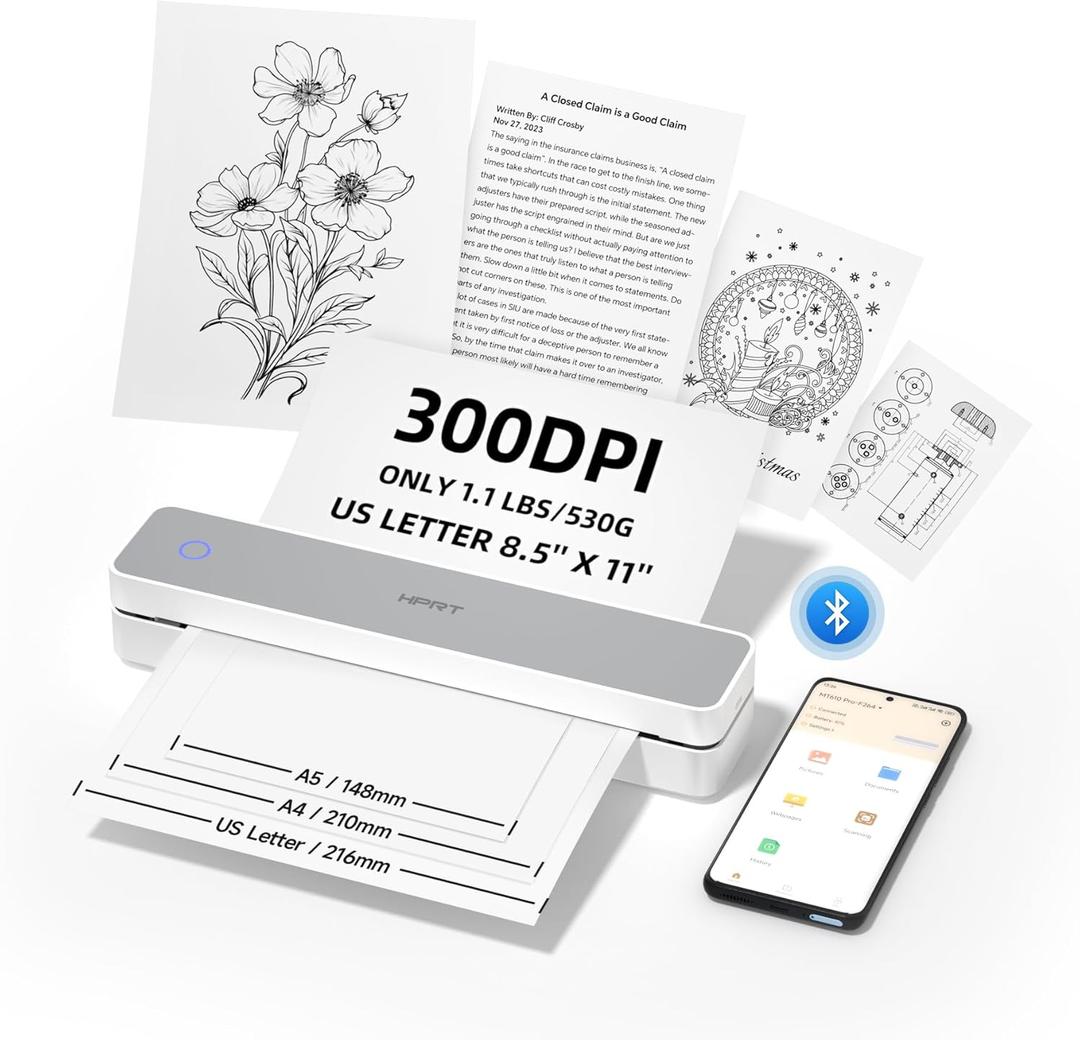 HPRT Portable Printer Wireless for Travel, Support 8.5x11 US Letter&A4 Thermal Paper, 300 DPI Bluetooth Inkless Thermal Printer, Compatible with Android and iOS Phone & Laptop, (White-Grey)