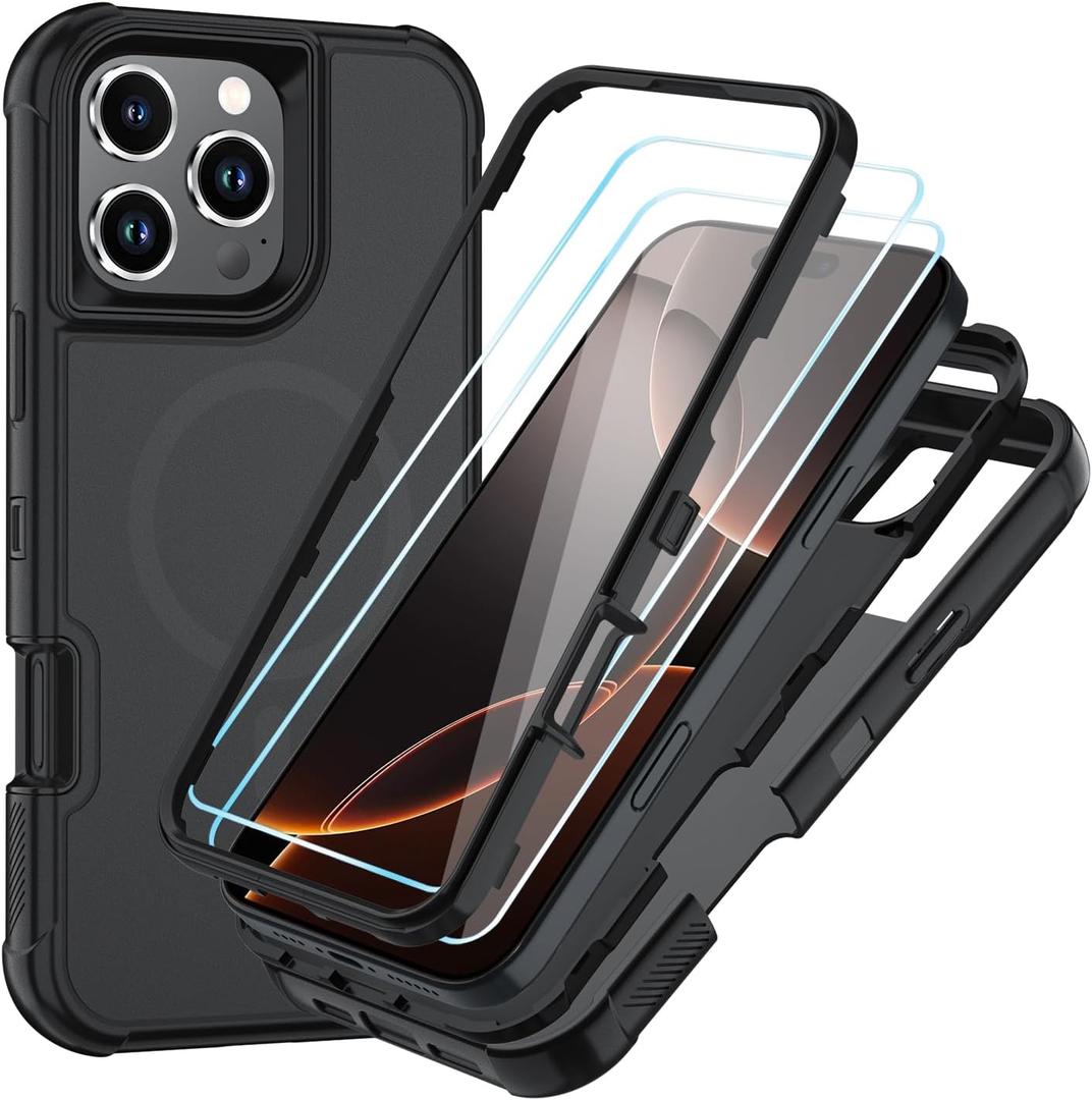 2 x SunStory Magnetic for iPhone 16 Pro Case with HD Screen Protector, Compatible with MagSafe, 3-Layer Heavy Duty Full-Body Cover, 3 in 1 Hybrid Protective Case for iPhone 16 Pro 6.3",Black