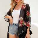 Women's Floral Print Puff Sleeve Kimono Cardigan Loose Cover Up Casual Blouse Tops 2026 (Black), 4XL