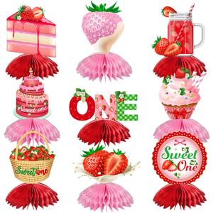 9 Pieces Strawberry Sweet One Honeycomb Centerpieces Strawberry First Birthday Party Table Decorations 1st Table Centerpieces Toppers for Baby Girls Boys Baby Shower Birthday Party Supplies