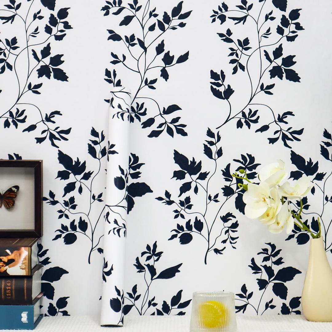 Heroad Peel & Stick Wallpaper - Floral Navy Blue Removable Boho Contact Paper for Cabinets & Bathroom - Waterproof Self-Adhesive Vinyl Roll 17.3''x196''