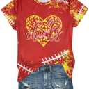 Game Day Shirt Women: Team Fan T-Shirt Cute Football Heart Graphic Tees Casual Season Short Sleeve Tops (Red, L)