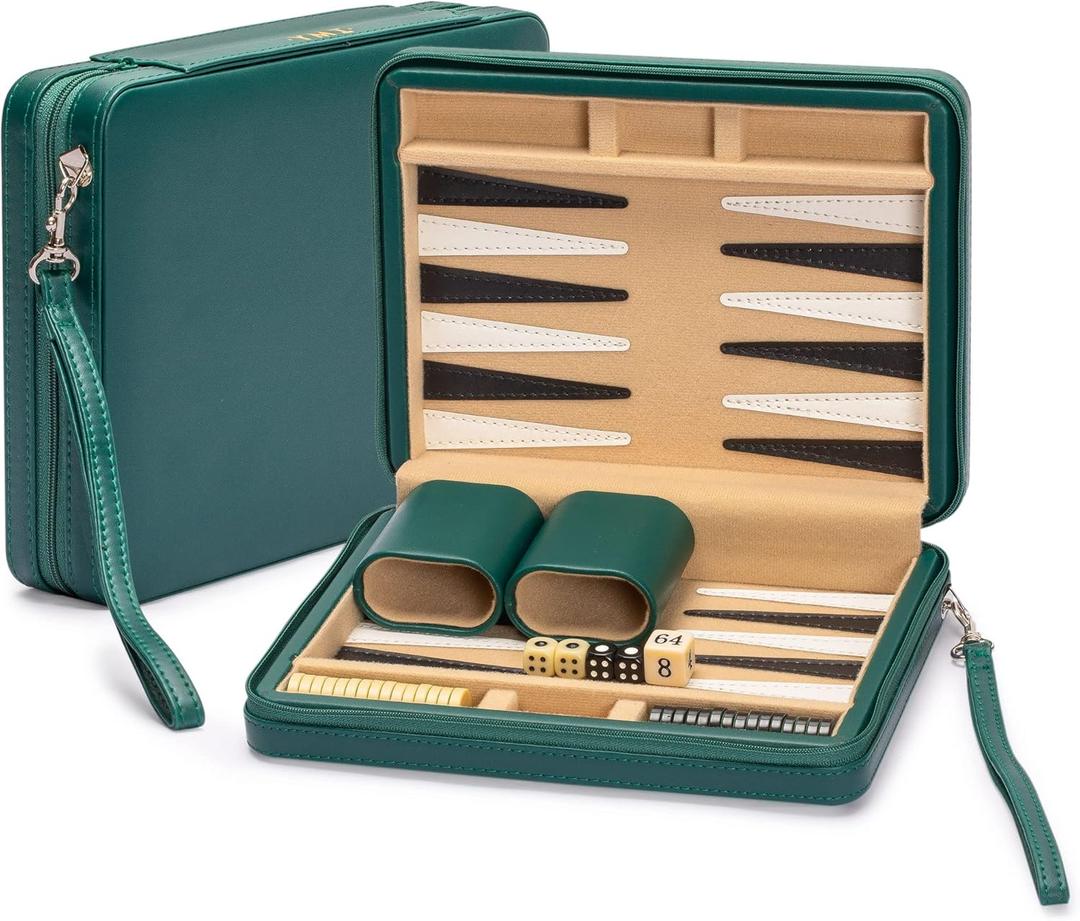 Yellow Mountain Imports Travel Size Backgammon Mini Game Set, Izmir - Magnetic Checkers and 9-inch Board in Sleek Leatherette Case - Classic Strategy Board Game (Green)