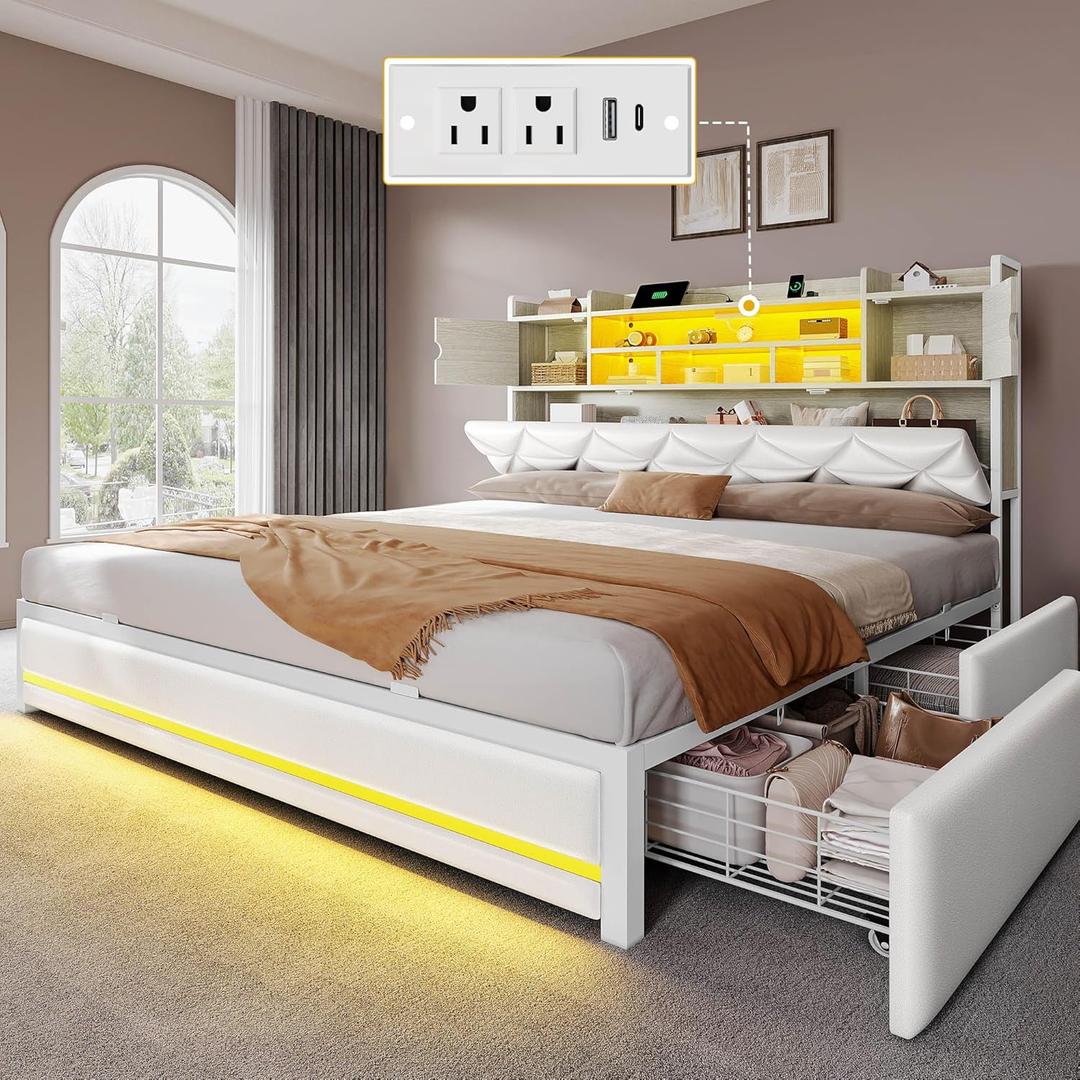 DWVO Queen Size Bed Frame with RGB LED Lights & Storage Bookcase Headboard, Upholstered Bed with Charging Station and 4 Drawers, No Box Spring Needed, Easy Assembly, Noise-Free, PU Leather White