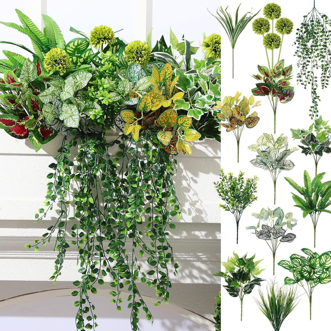 Giegxin 18 Pcs Outdoor Artificial Plants Flowers UV Resistant Fake Bushes Greenery Stems Faux Shrubs for Outdoor Window Box Patio Porch Yard Decor(Plant)