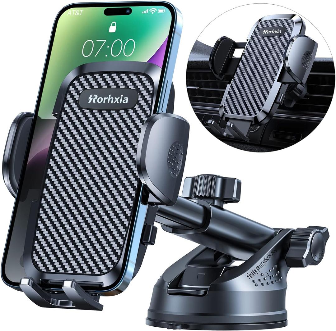 Rorhxia 3-in-1 Phone Mount for Car [2025 Most Stable and Flexible Suction Cup] Vent Dashboard Windshield Cell Phone Holder Car Fit for iPhone, Samsung, All Phone (Black)