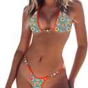 TASHEHE Women's Triangle Thong Bikini Set Sexy String Brazillian Two Piece Swimsuit Cute Bikini Bathing Suit (Medium, Blue / Yellow Floral)