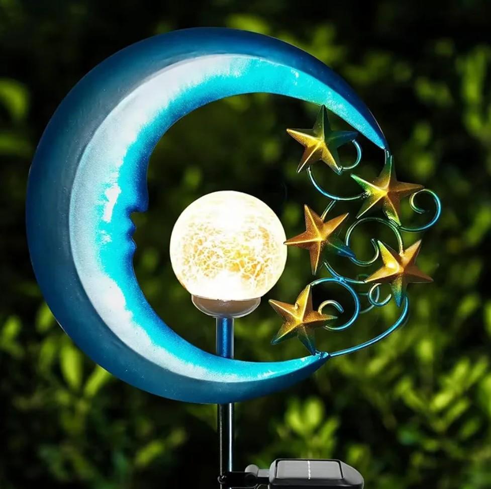 Stars Moon Solar Lights Outdoor - Solar Powered Garden Lights Decorative Crackle Glass Globe Led Waterproof Landscape Lighting for Pathway, Yard, Lawn, Patio